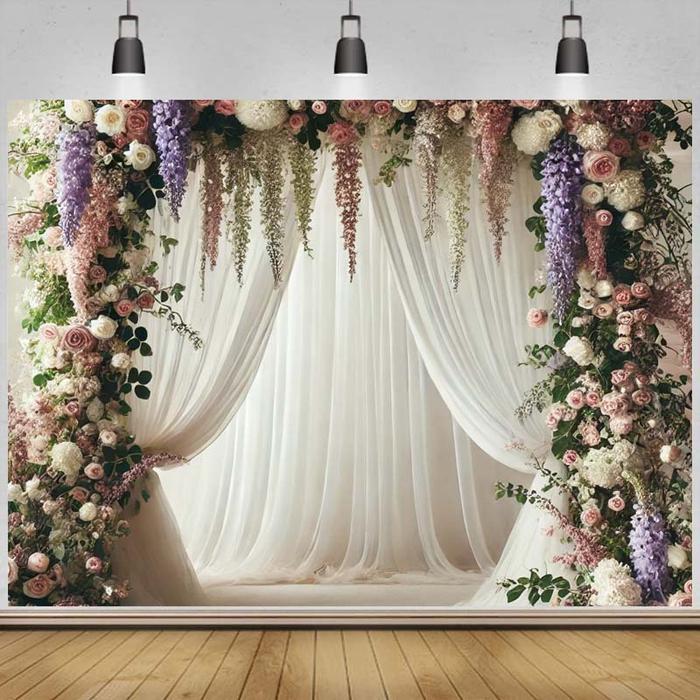 1 Kain latar belakang bunga putih, spanduk, bendera, dan panji dekorasi pesta pernikahan/Hari