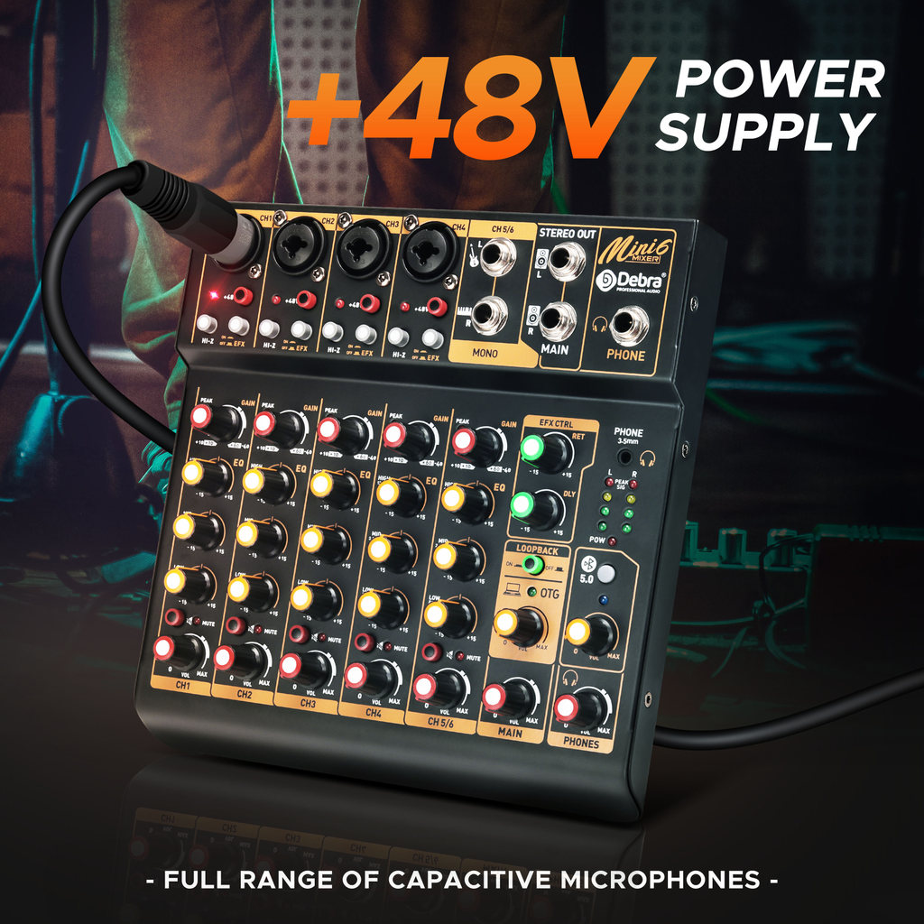 Mini 6 6-Channel Audio Mixer DJ Mixer with Bluetooth 5.0 OTG Reverb 48V Sound Card for PC Recording,