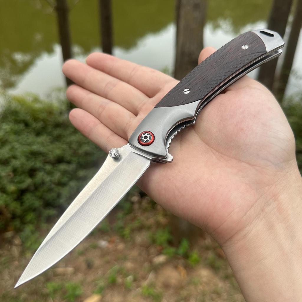 Outdoor portable pocket knife with wooden handle and built-in ball bearing folding knife