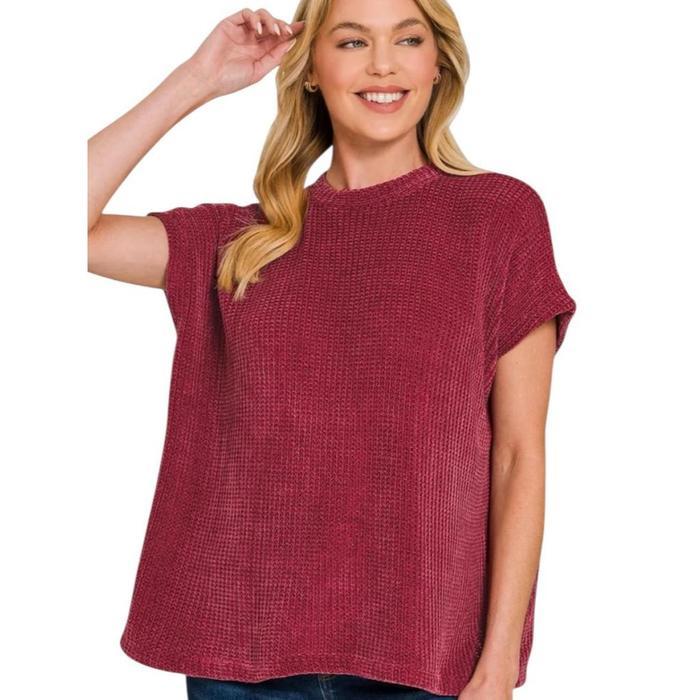 Sweater Lengan Pendek Wanita Bahan Waffle Lembut Adem Women's Chenille Waffle Cap Sleeve Sweater -