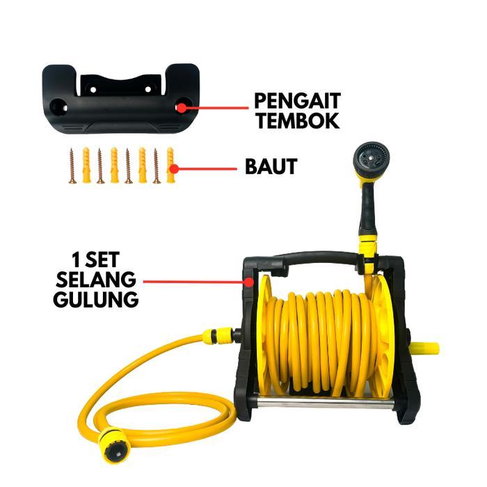 1 Set Selang Air Gulung Fleksibel 14 - 25 Meter Semprotan Air Kran 7 Multifungsi untuk Menyiram