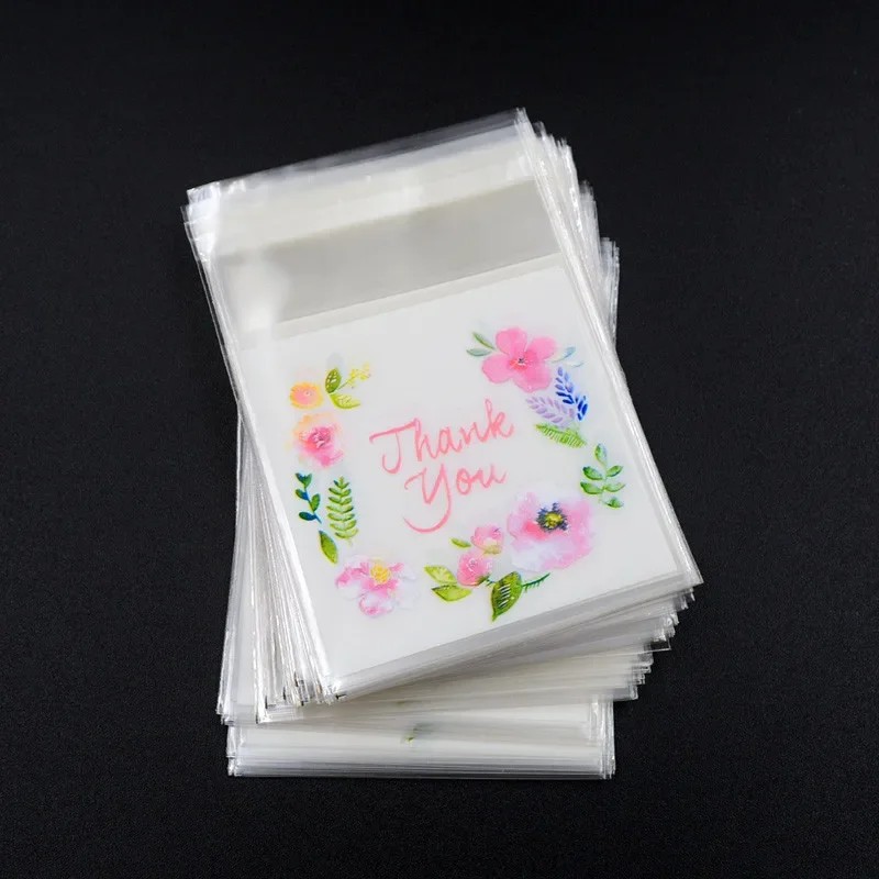 100Pcs/Lot Plastic Bags Thank You Flower Self-Adhes Bags For Homemade Cookie Party Gifts Bag Diy