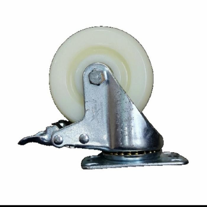 Roda nylon nilon teflon 4" inchi Rem swivel brake