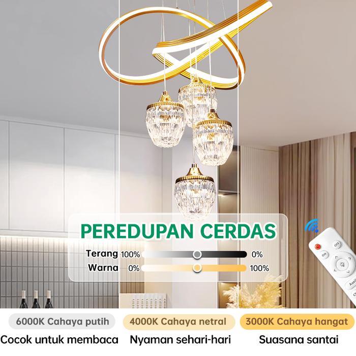 Lampu Gantung Kristal Emas Kontrol 3 Warna 72W Lampu Gantung Ruang Tamu Hias