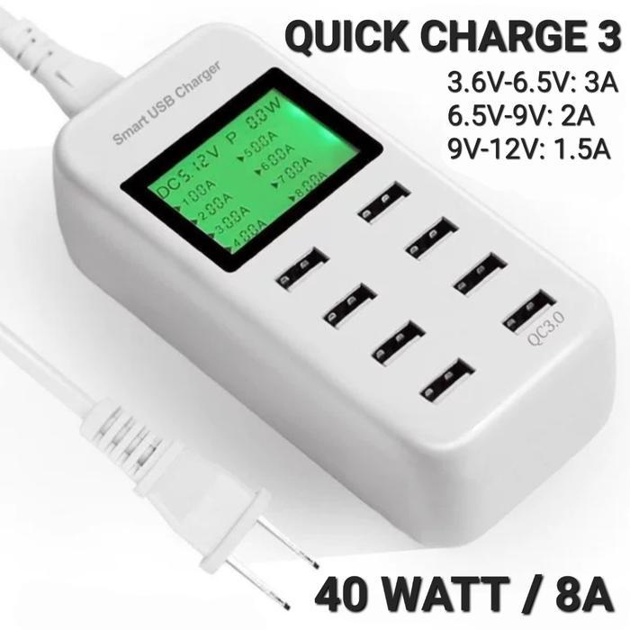 Avpro I8Q 40W 8-Port Smart Usb Charger Lcd Display W Quick Charge 3.0