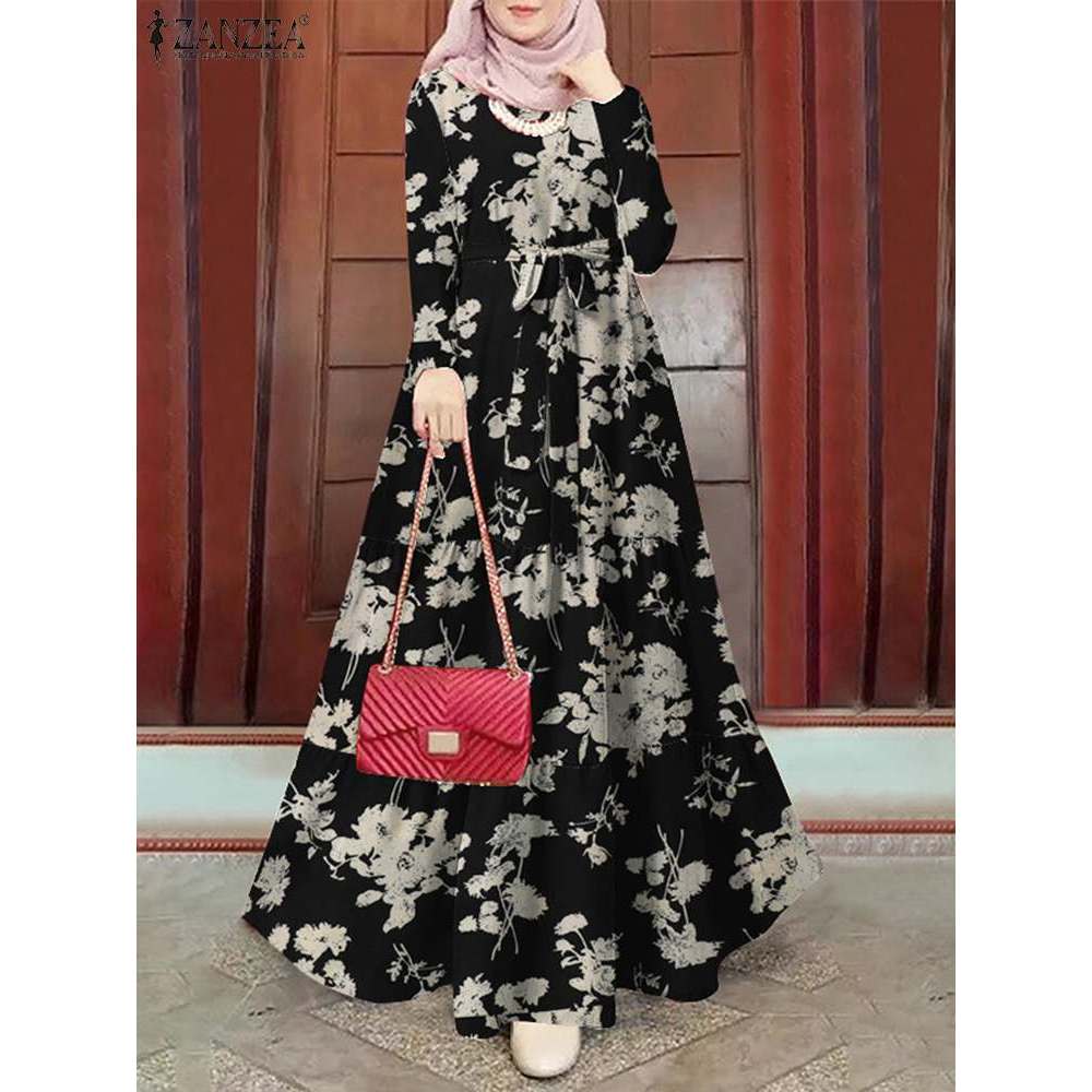 ZANZEA Spring Floral Printed Muslim Dress Long Sleeve Ramadan Turkey Vestidos Vintage Holiday Maxi