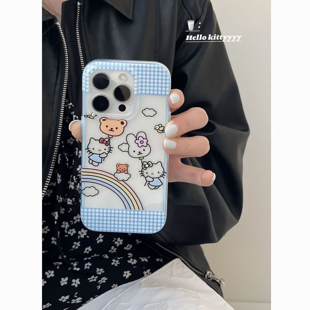 Bingkai Berwarna Kotak-Kotak Halo Kitty Casing Iphone 17 Pro Max 13 Pro Max 15 Plus 15 Pro Max 11 14