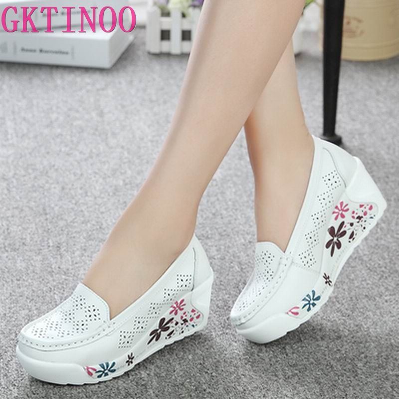 GKTINOO New Women's Genuine Leather Platform Shoes Wedges White Lady Casual Shoes Swing Mother Shoes