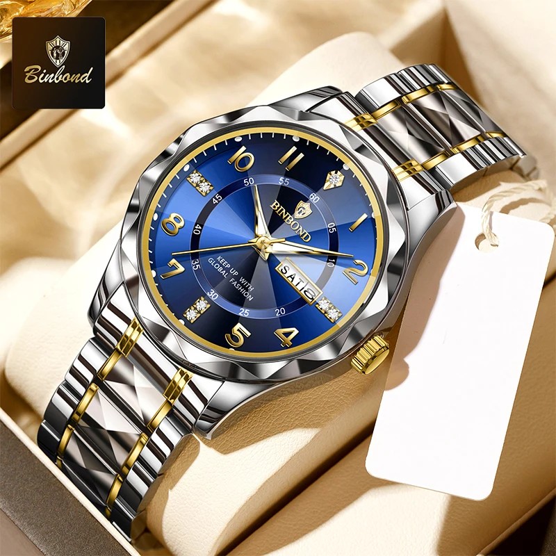 BINBOND Brand Men's Quartz Watch Rhombus Mirror Original Watch Waterproof Luminous Stainless Steel