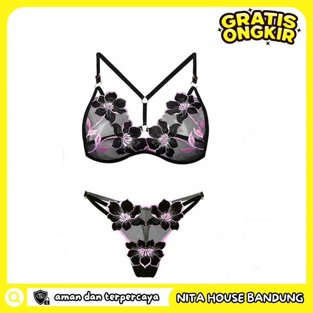 LINGERIE WANITA SET BRA V NECK RENDA BORDIR PRIVASI AMAN