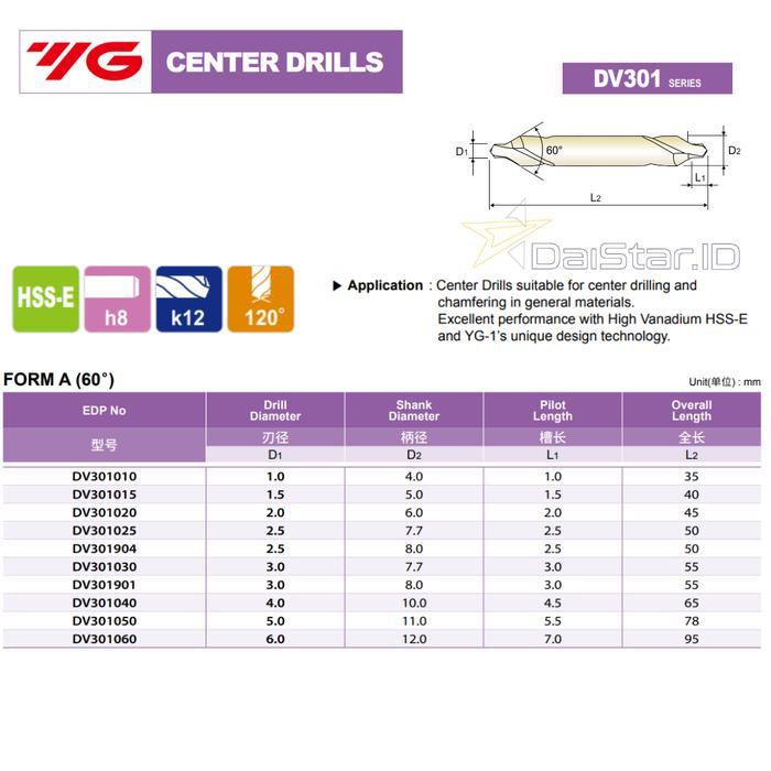 "New" YG-1 Center Drill 1 1.5 2 2.5 3 4 5 6 mm HSS DV301 YG1