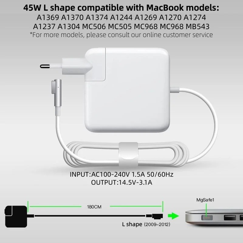 45W MagSafe1 L Shape Power Adapter Charger, Replacement for MacBook Air A1369 A1370 A1374 A1244