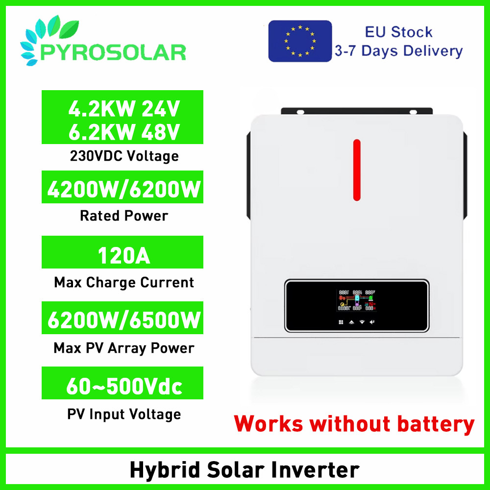 PYROSOLAR 10.2KW 6.2KW 4.2KW Hybrid Solar Inverter 48V 24V 230VDC Single Dual 120A MPPT with BMS