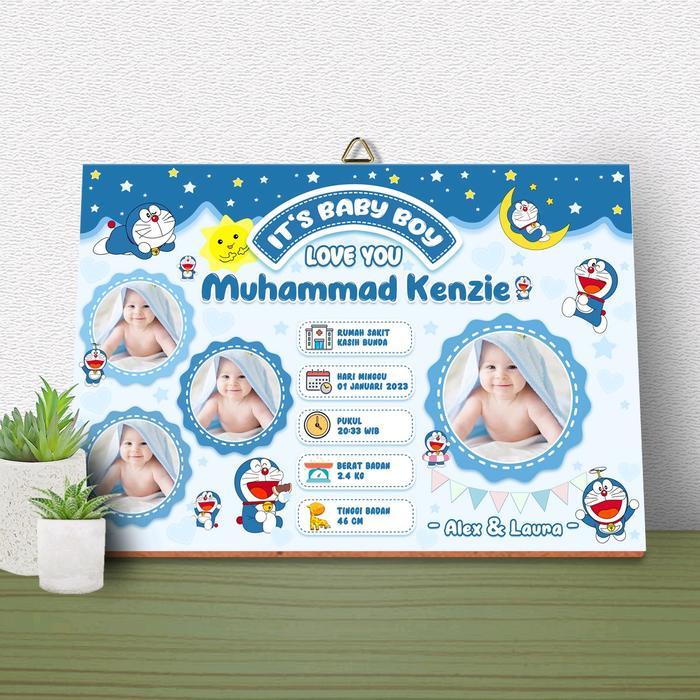 Hiasan dinding kayu - hiasan dinding biodata bayi - biodata bayi cowo - biodata bayi cewe tema biru