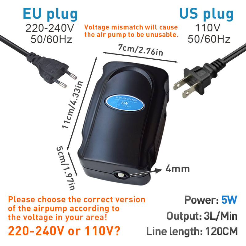 5W Aquarium Silent Air Pump 220V-240V 110V Fish Tank Quiet Oxygen Pump Accessories Bubble Pump Air