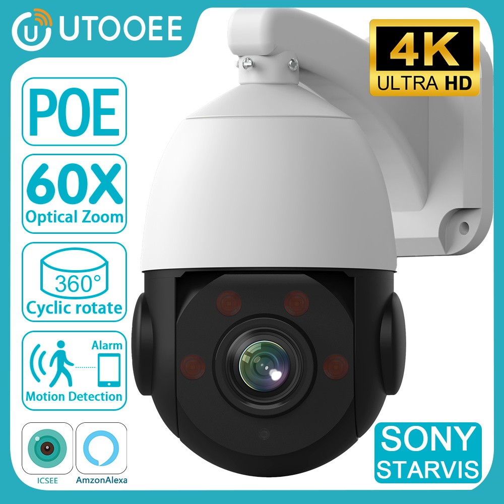 UTOOEE 4K 8MP Metal POE Camera 360° Rotation 60X Optical Zoom Motion Detection CCTV Surveillance RJ4