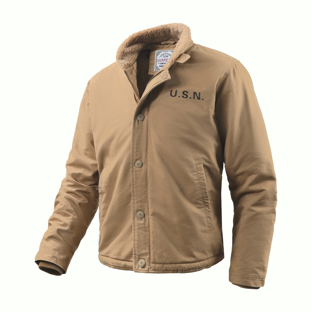 1940s N1 USN Thick Winter Mens Sherpa Fleece Deck Jacket Khaki Jungle Cloth Warm Heavyweight Vintage