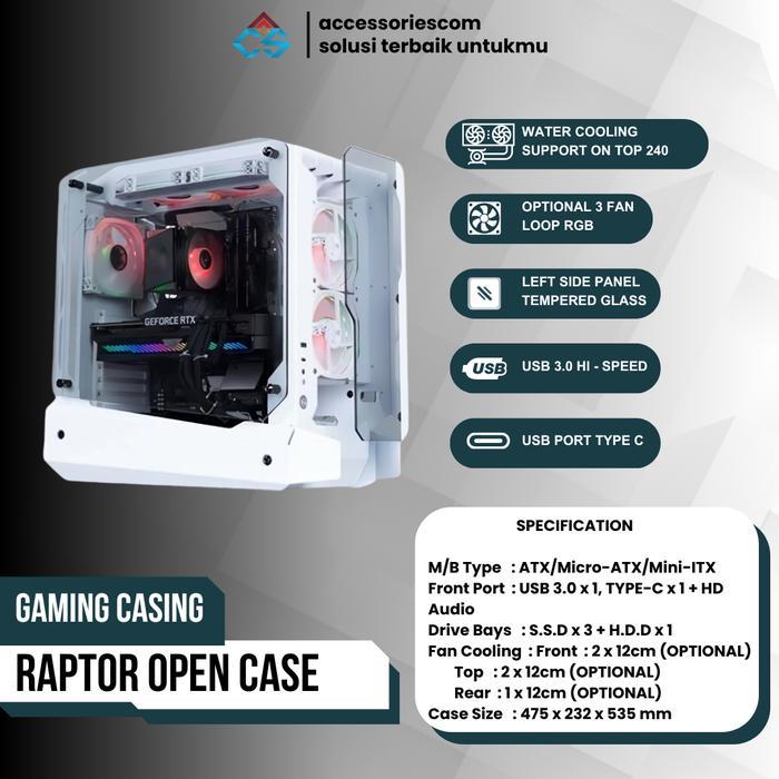 Casing PC Gaming ATX RAPTOR OPEN CASE Gaming PC White