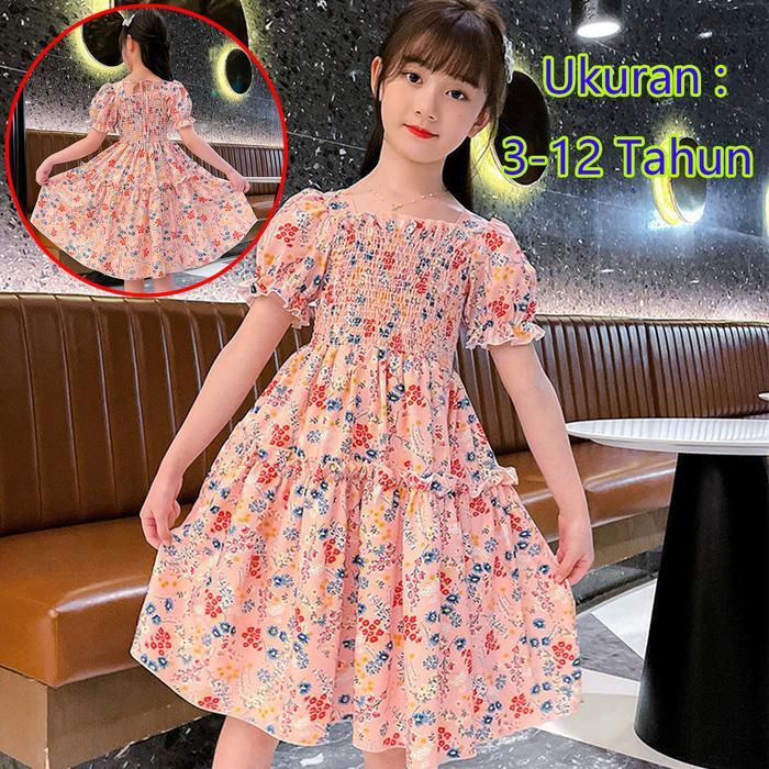 ( 3-12 Tahun) Gaun Korea Musim Panas Anak-anak Kecil Gadis Putri Gaun Lengan Pendek Bunga Gaun
