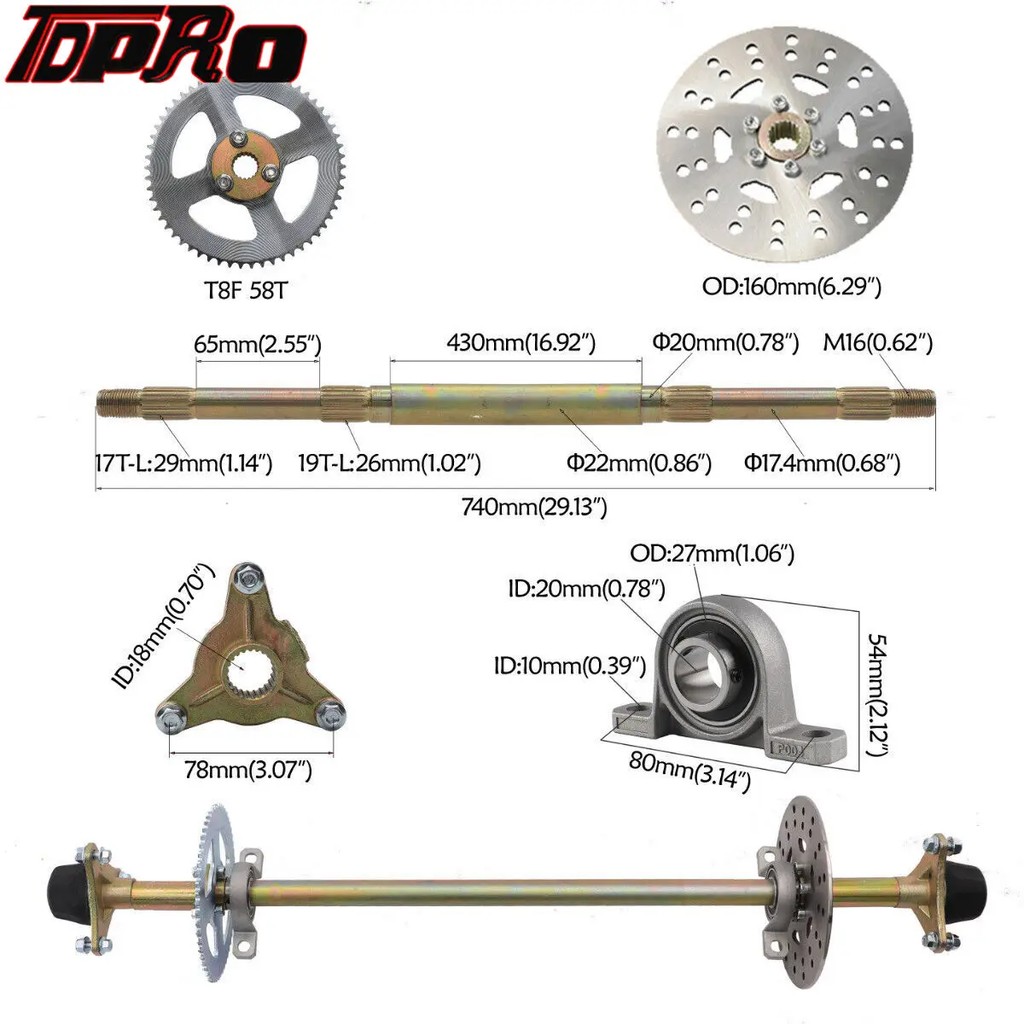 TDPRO 740mm Rear Axle Kit + Front Steering Wheel Shaft Assembly Go Kart ATV Quad Buggy kit go kart