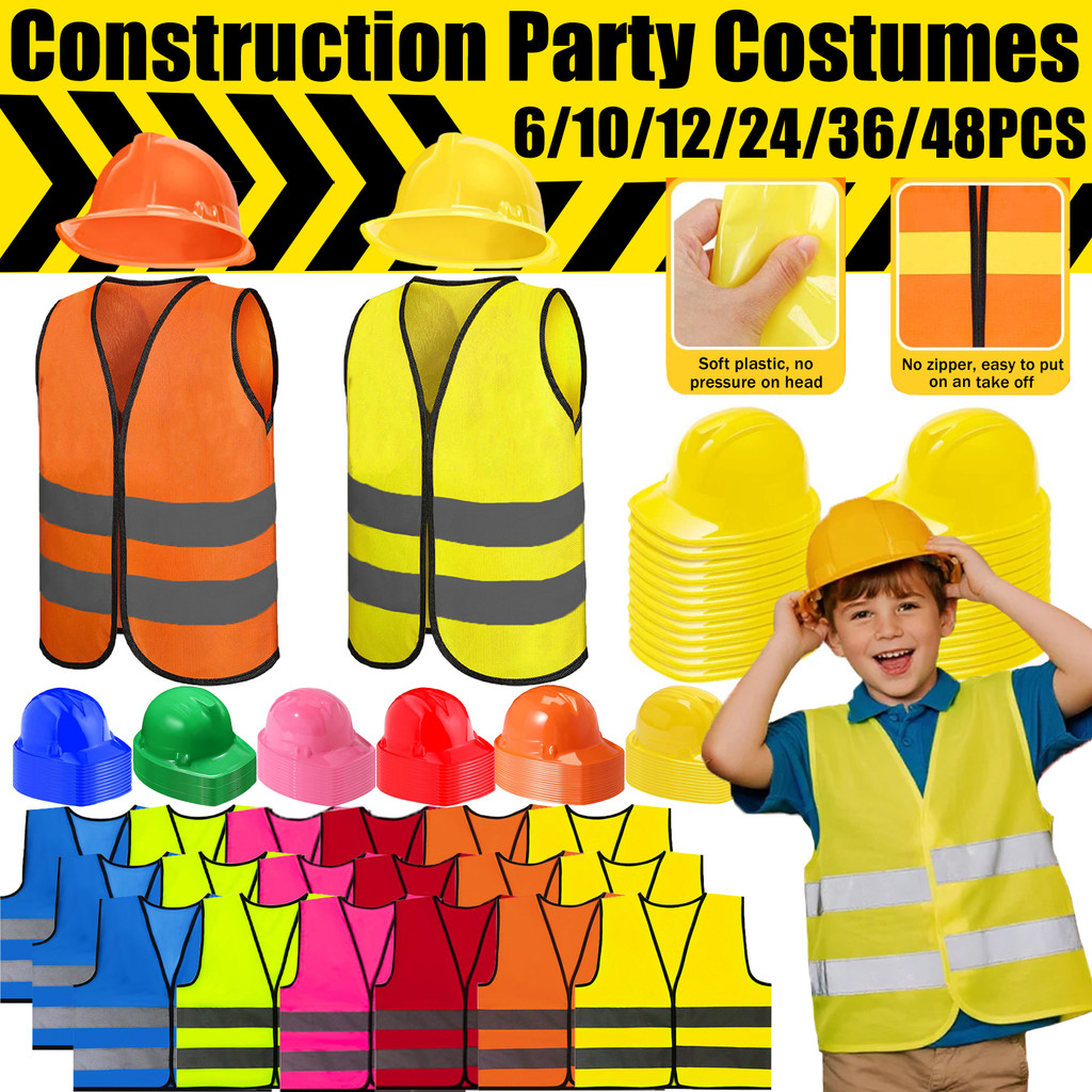 6-48Pc Construction Party Vest for Kids Construction Hat for Construction Birthday Party Supplies