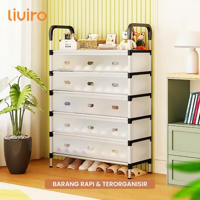 Liviro Rak Sandal Sepatu Stainless 6 Susun Tertutup Kokoh Dengan Gantungan Tas Topi Minimalis