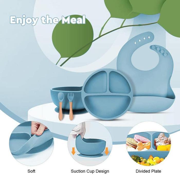 1 Set Peralatan Makan Bayi/Tempat Makan Bayi/Alat Makan Bayi/Set Alat Makan Bayi Silikon/Celemek
