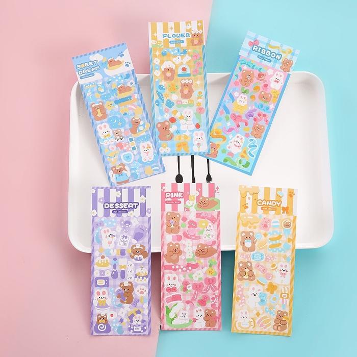 Sticker Waterproof Kartun Bear Rabbit Hologram Stiker Motif Kartun Beruang Dan Kelinci Korea Lucu
