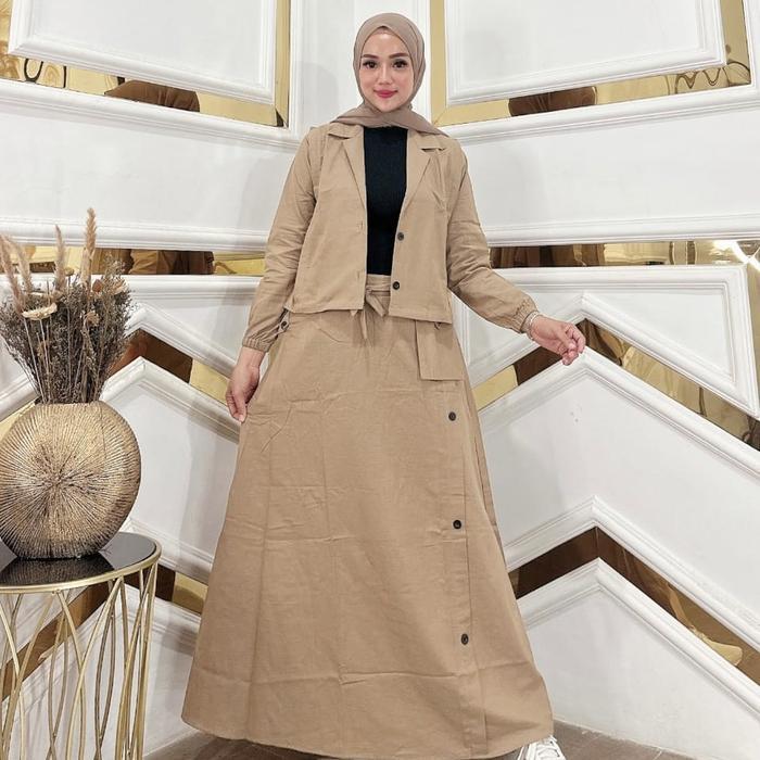 Kaharu One Set Rompi Fashion Muslim Wanita Kekinian Setelan Baju Linen Panjang
