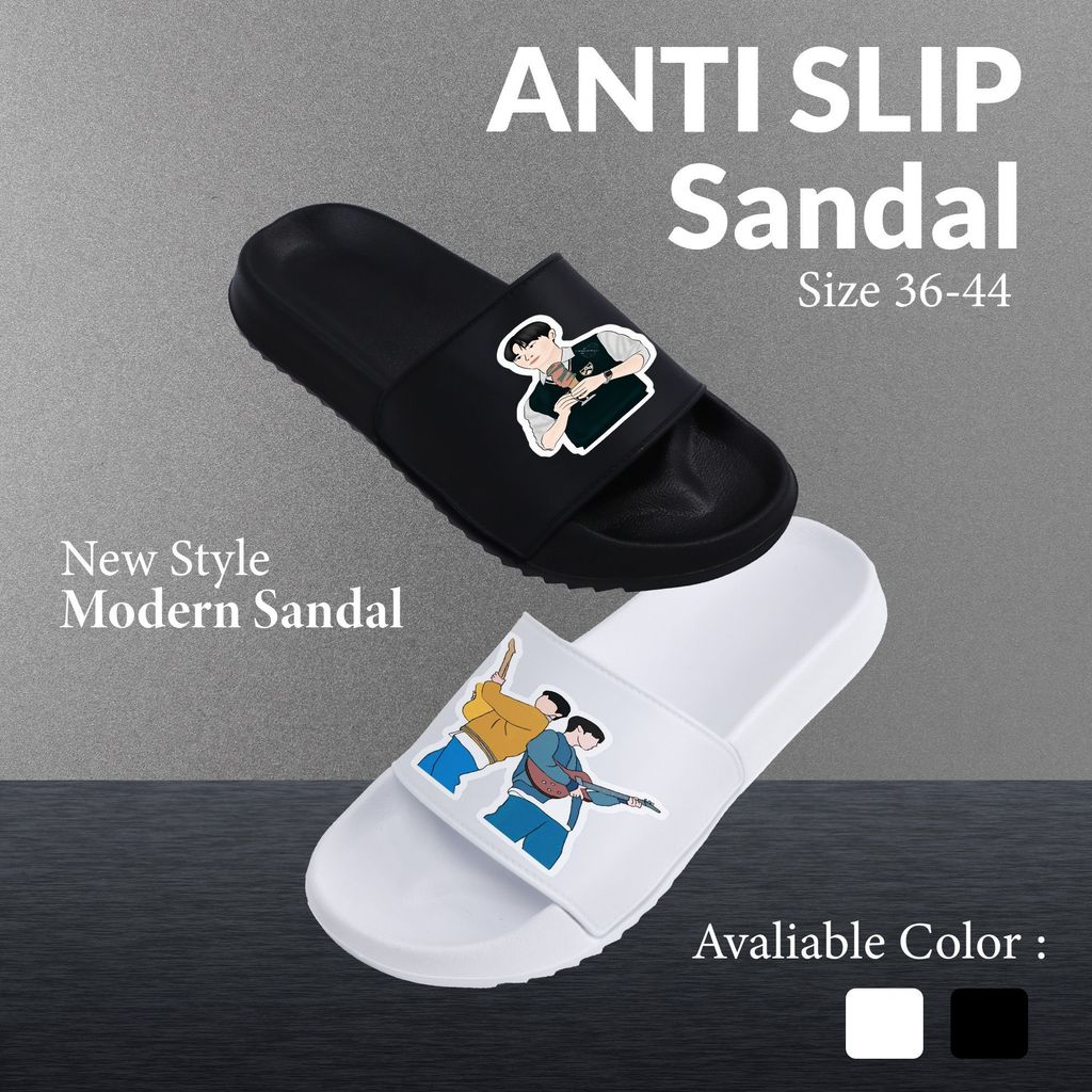 Sandal Anti Slip Couple Wanita Pria Cewek Cowok, Desain Trendy Karakter Stiker, Nyaman Indoor Outdoo