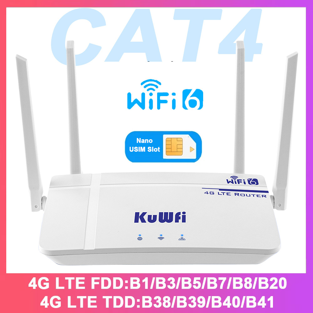 KuWFi 4G CAT4 LTE Router 300Mbps Wireless WiFi6 Router 4G Modem RJ45 Port Nano USIM Slot External