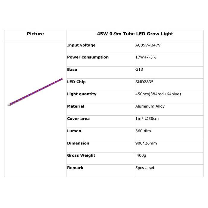 ZW0184 5Pcs/Set Lampu Tanaman Hidroponik 45W 90cm Grow Light T8 LED