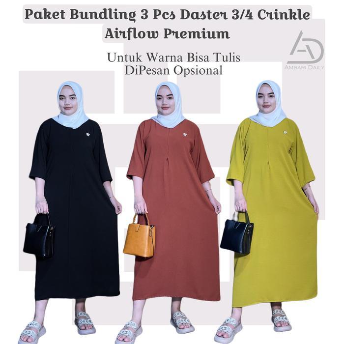 READY Harga Paket 3 Pcs Daster Gamis Crinkle Lengan 3/4 Wanita Dress Muslim Airflow G00D QU4LITY