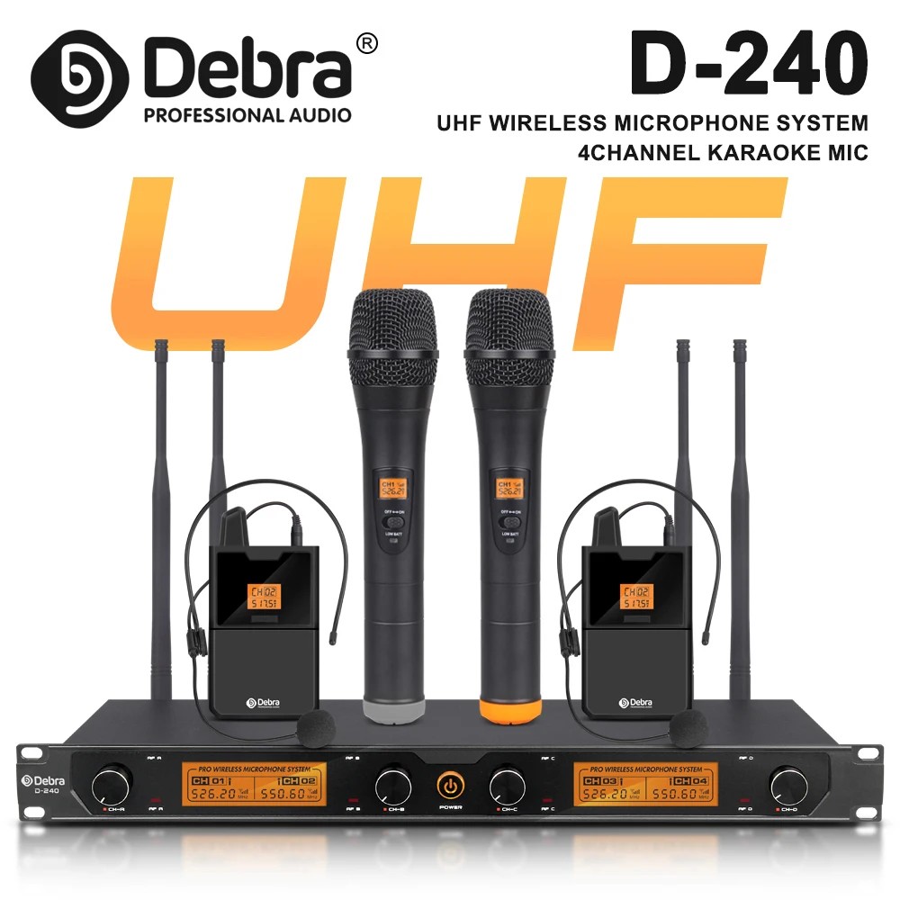 Debra Audio D-240 4-Channel UHF Wireless Microphone System with Handheld Headset Lavalier Microphone