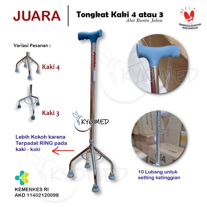 Juara Tongkat Jalan Kaki 4 & 3 Bantu Jalan Untuk Lansia Terapi Rehabilitasi Anti Slip Karet Metal