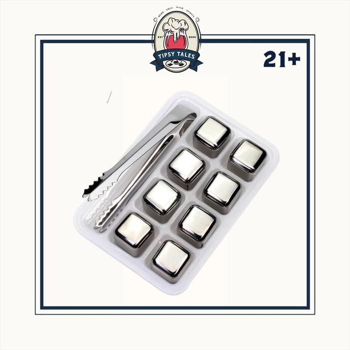 Ice Cube Es Batu Kotak Besi Stainless Steel 8 Pcs + Penjepit Es