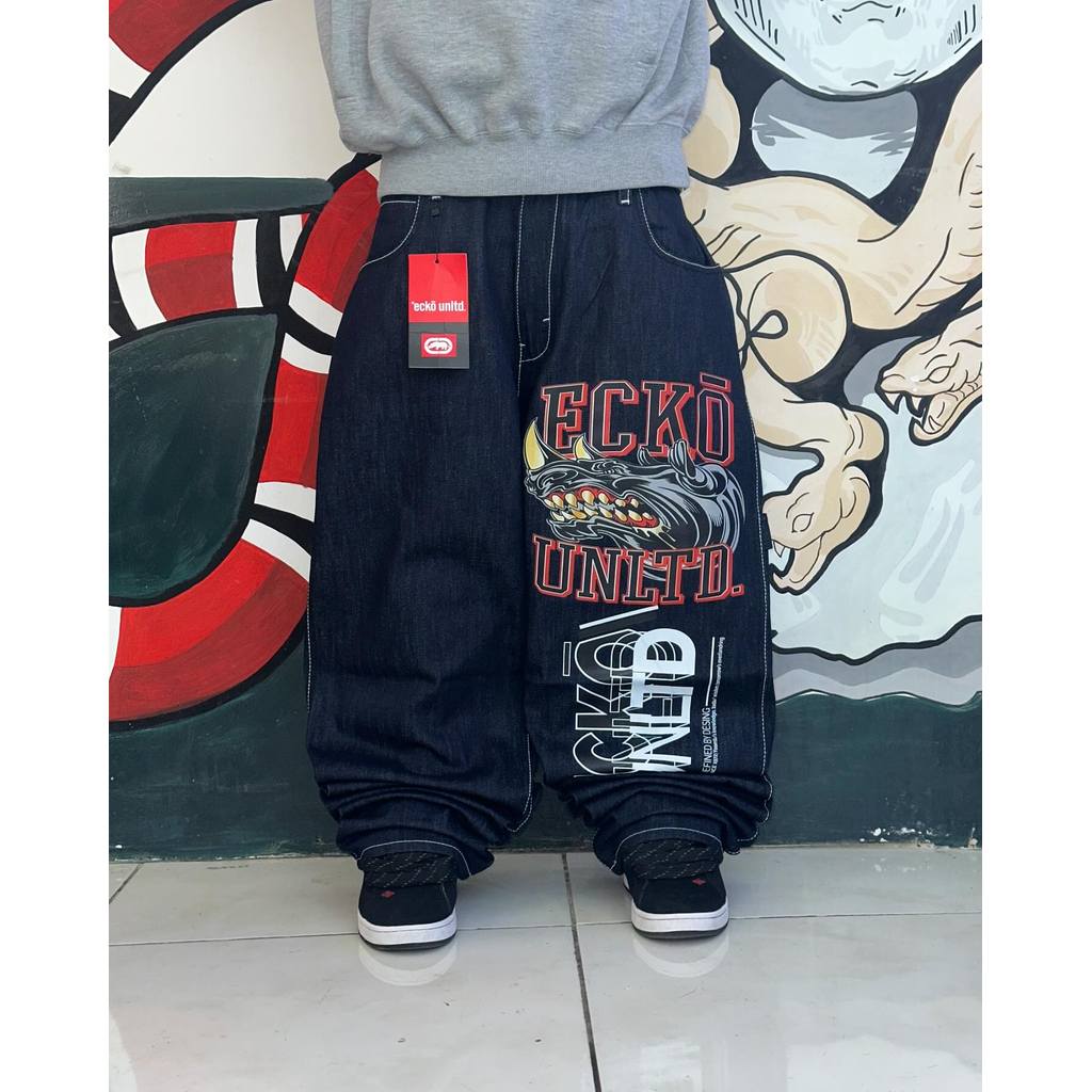 Ecko Unltd Men Baggy Jeans Dark Blue Denim With Graphic Print Hip Hop Style Streetwear Casual Loose