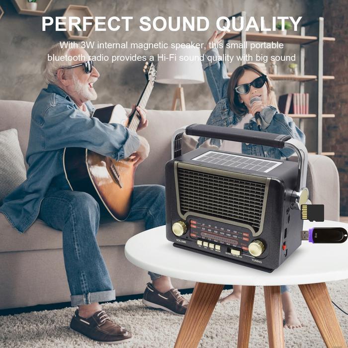 Radio Portabel 527Bts Fm/Am/Sw Radio Jadul Bluetooth Speaker Solar Senter Usb Tf Free Baterai 800Mah