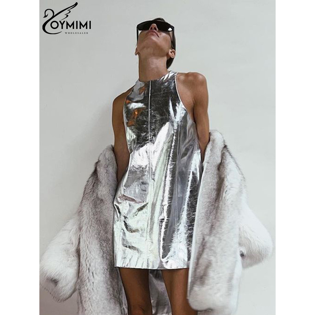 Oymimi Sexy Slim Sliver Pu Leather Dress Ladies Bodycon O-Neck Sleeveless Dress Elegant Classicc