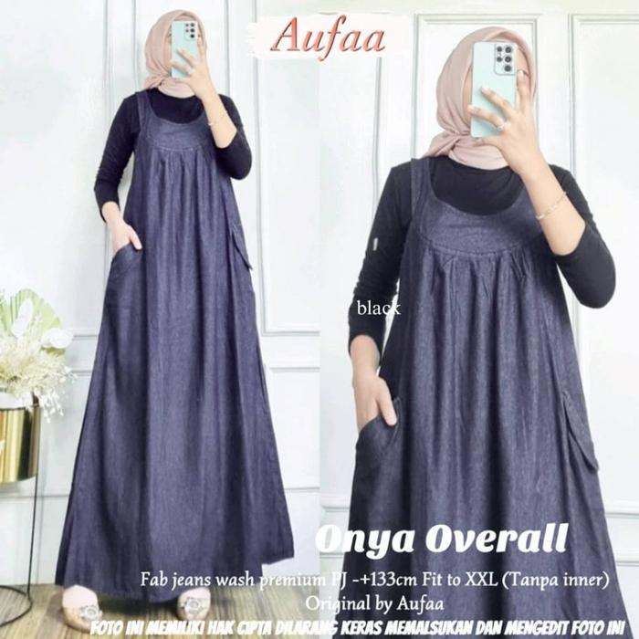 Onya Overall Jeans Wanita Jumbo Baju Kodok Jumpsuit Terusan Panjang Tanpa Inner Manset Muslim Outer