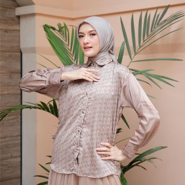 Mylady Hijab Geora Shirt Kemeja Elegant Cantik Grey Kancing Mewah Motif Muslim Navy Nyaman Wanita