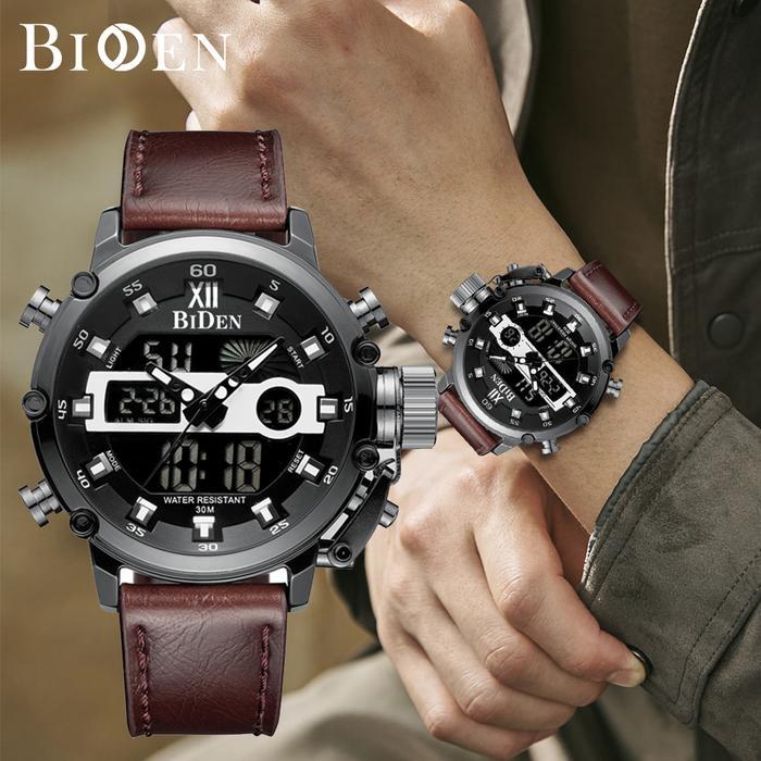 BIDEN Jam Tangan Pria Olahraga Militer Analog&Digital Tali Kulit Tahan Air Kuarsa YN0164