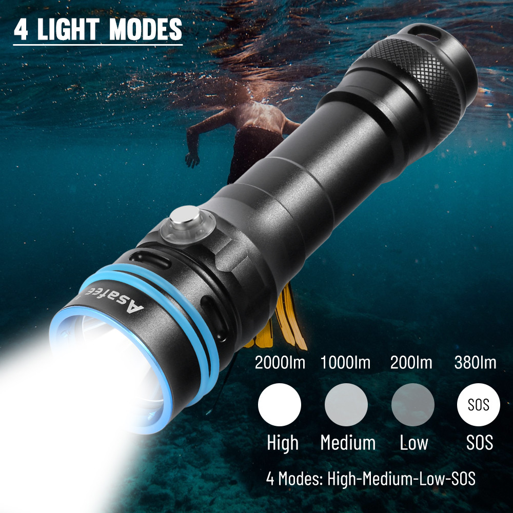 Asafee DT100 SFT40 LED Diving Flashlight 2000LM Power Light 50M Underwater IPX8 Waterproof Dive