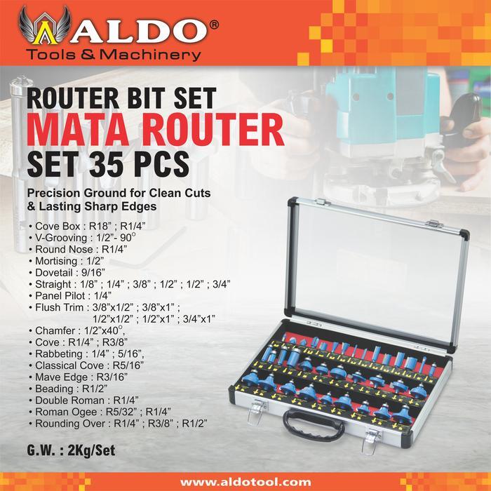 Mata Router Bit Set 35 pcs Box Aluminium Merk ALDO