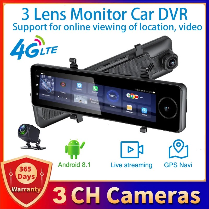 10.99" Car DVR 1080P 3 Camera Front/Cabin/Rear Cam 4G Android 2GB+32GB GPS WIFI ADAS 24h Parking Mon