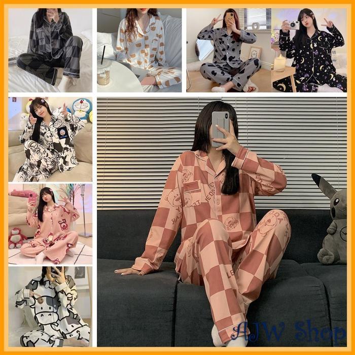"New" AJW Piyama Full Kancing Lengan Panjang Piyama Kancing Kotak Kotak Baju Tidur Wanita Lengan