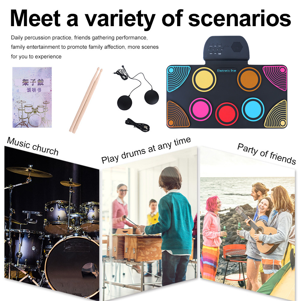 Roll-Up Drum Practice Pad with Drum Sticks Portable Drum Kit Electric Drum Pad Birthday Surprise for