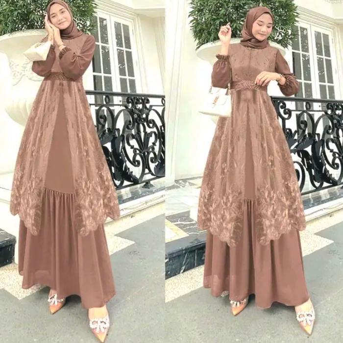 zeni TerBaru Mona Gamis Rompi Outer Brukat Mewah Maxi Set Dress Jumbo Seragam Pesta Kondangan Modern