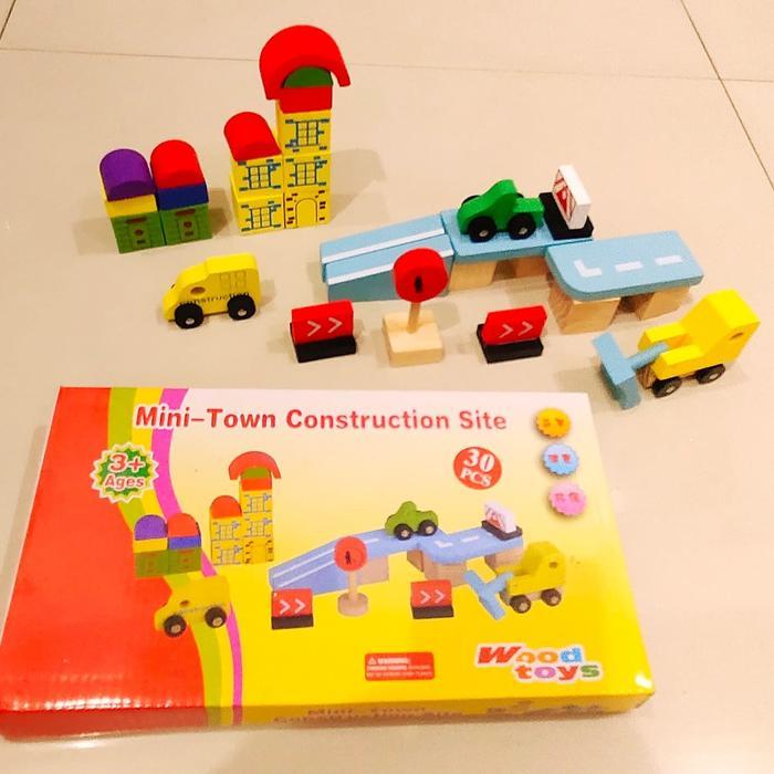 [Capt] Mainan Membangun Anak Puzzle Balok Kayu Rambu Rambu Lalu Lintas & Mobil Kota Mini Konstruksi