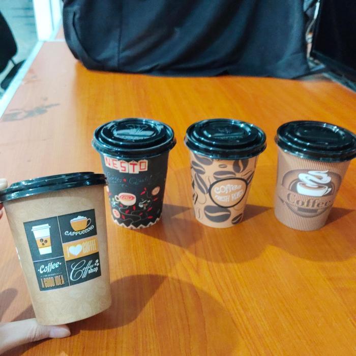 GELAS KERTAS KOPI / PAPER CUP MOTIF COFFEE 8 0Z + TUTUP + SEDOTAN
